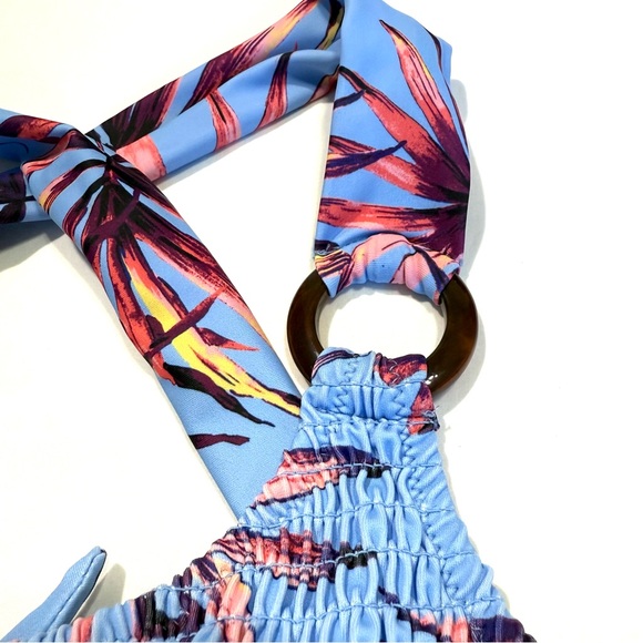 Jessica Simpson Palmy Days Smocked O-ring Bikini Top Bottom L/M Lilac Palm Tree - Picture 6 of 14